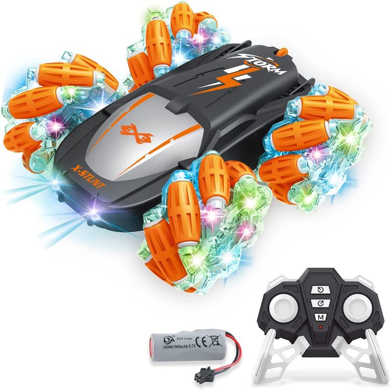 Photo 1 of JELOSO Remote Control Car for Kids, 2.4GHz Orange LED Drift RC Stunt Car with Rechargeable Battery, Double Sided Hobby Controlled Vehicles with 6 LED Lights Gifts Toys for Boys and Girls Age 6-12
