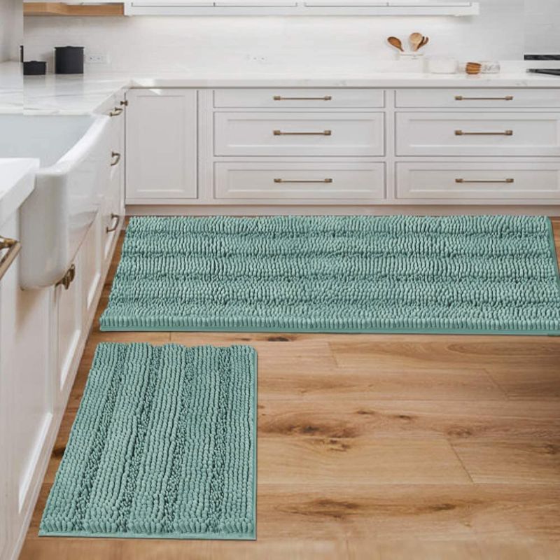 Photo 1 of 2 Piece Bathroom Set Bathroom Rugs Bath Mats Sets Super Absorbent Chenille Striped Bath Mats Non Skid Machine Wash Dry Rugs for Bathroom Floor(Eggshell Blue, 47 x 17 Plus 17 x 24 - Inches)