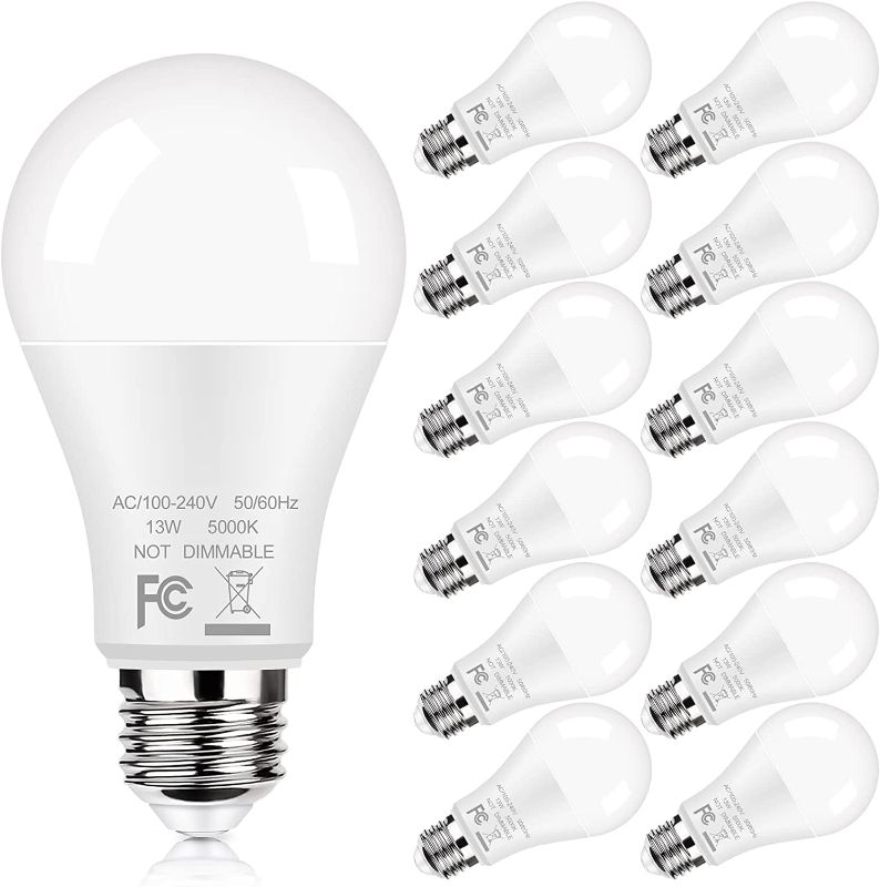 Photo 1 of 12-Pack A19 LED Light Bulbs, 100W Equivalent Bulbs, 13W 5000K Daylight White LED Bulbs with Standard E26 Medium Base, Super Bright 1500 Lumens, CRI85+, No Flicker Non-Dimmable Bulbs for Lamp
