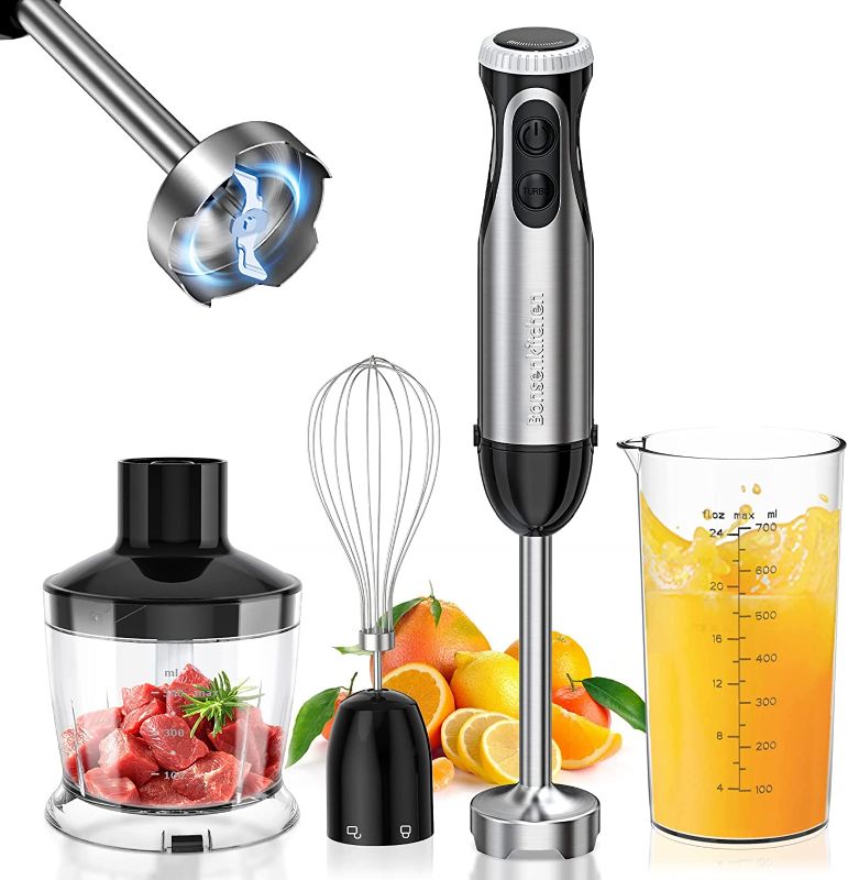 Photo 1 of Immersion Handheld Blender, Bonsenkitchen Stainless Steel Hand Stick Blender, 20-Speed and Turbo, 4-In-1 Hand Blender with Egg Whisk, 24oz Beaker & 17oz Chopper Bowl for Smoothies, Puree, Baby Food
