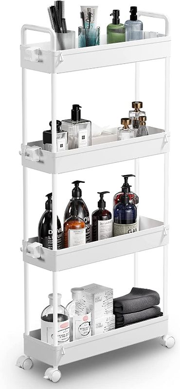 Photo 1 of SOLEJAZZ Slim Storage Cart, 4 Tier Bathroom Organizer Mobile Shelving Unit, Rolling Utility Cart Slide Out Organizer for Kitchen, Bathroom, Laundry, Narrow Places, White