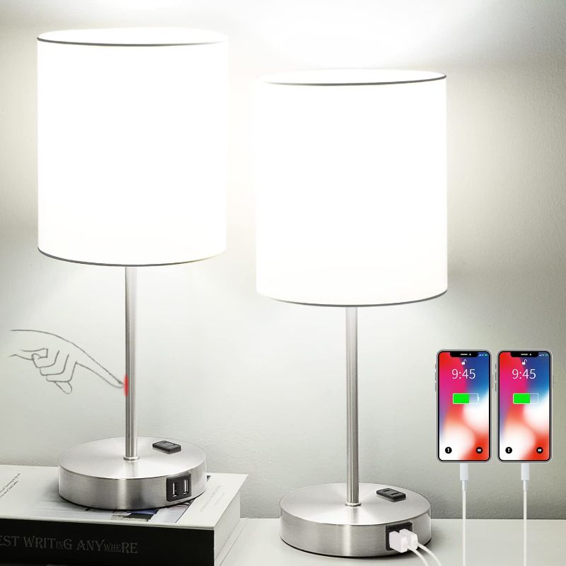 Photo 1 of ?Upgraded?Set of 2 Touch Control Table Lamps with 2 USB Ports & AC Outlet, 3-Way Dimmable Bedside Nightstand Lamps for Living Room Nursery Office Bedroom, E26 800 Lumens 5000K Daylight Bulbs Included