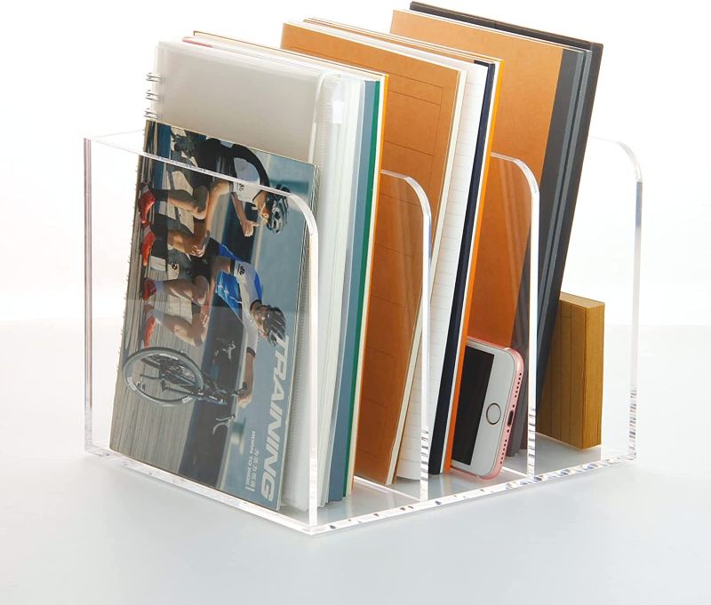 Photo 1 of SANRUI Clear Acrylic Magazine File Holder Desk Organizer for Office Organization and Storage with 3 Vertical Compartments 8 1/2''x7 1/5''x 6 1/2'' Transparent
