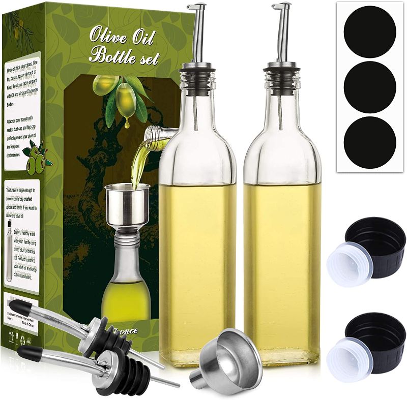 Photo 2 of 
[2 PACK] 17 oz Glass Olive Oil Dispenser Bottle Set - 500ml Clear Oil & Vinegar Cruet Bottle with Pourers, Funnel and Labels - Olive Oil