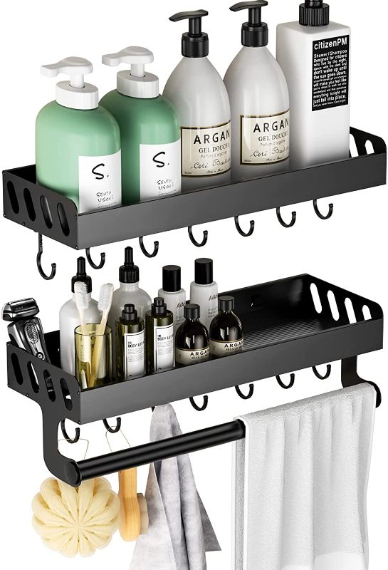 Photo 1 of  Wall Mounted Shower Organizer with Towel Bar and Hooks, Drill Free Aluminum Alloy Caddy Rack for Bathroom, Kitchen, Bedroom, Over Toilet - Set of 2