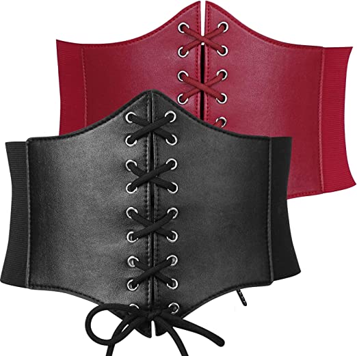 Photo 1 of 2 pack- Black Corset Waist Belt for Women, Wide Elastic Tie Waspie Belt for Dresses 4.7inch [Red & Black]
