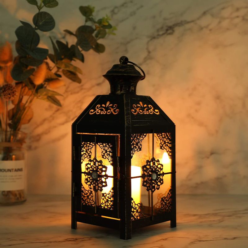 Photo 1 of [2 Pack] JHY DESIGN Decorative Lantern 9.5" High Metal Candle Lantern Vintage Style Hanging Lantern (Black with Gold Brush)