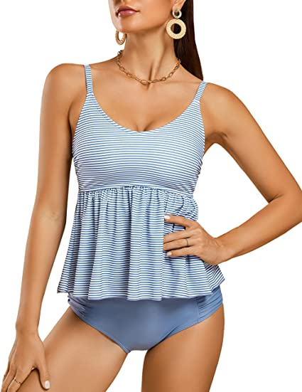 Photo 1 of [Size XL] FERBIA Women Falbala Bikini Set Halter High Waisted Swimsuit 2 Piece Ruffle Tummy Control Peplum Spaghetti Strap Tankini- Blue
