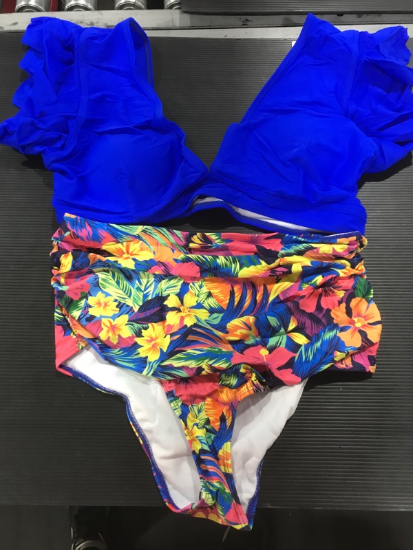 Photo 2 of [Size XL] Sporlike Women Ruffle High Waist Swimsuit Two Pieces Push Up Tropical Print Bikini