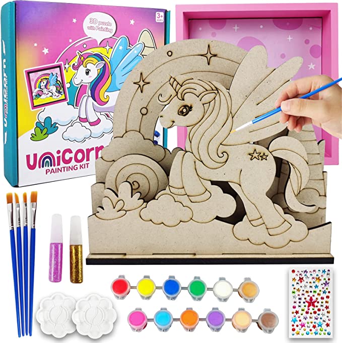 Photo 1 of 3D Scene Wooden Unicorn Craft Kit for Kids, Paint Your Own Unicorn Picture Frame Craft Kits