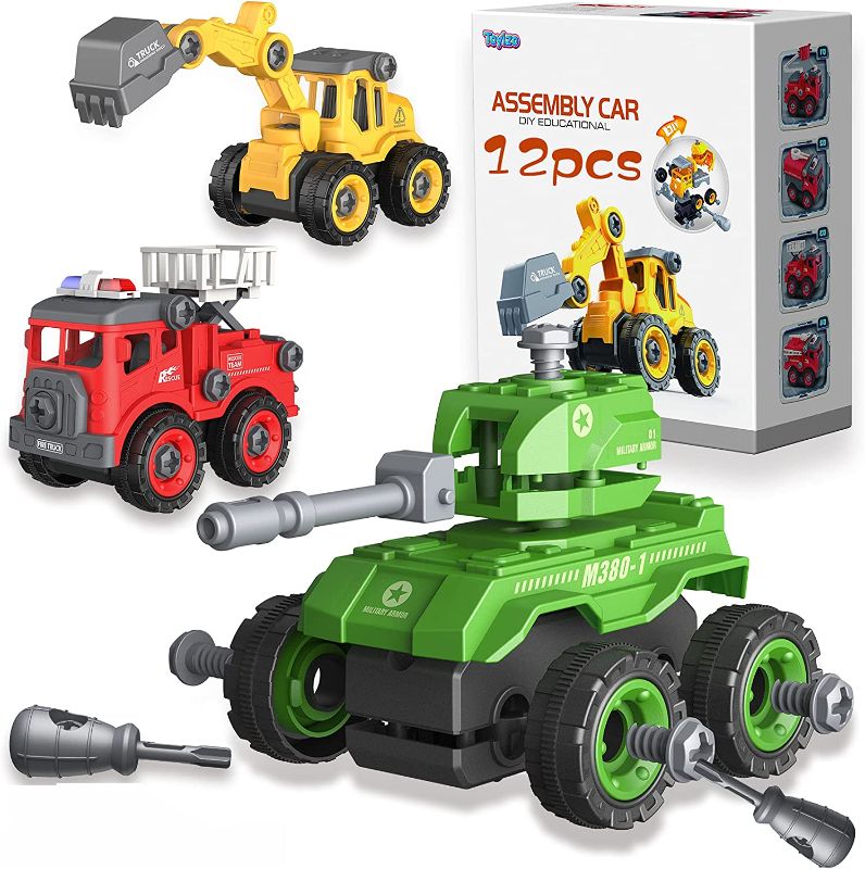 Photo 1 of 12 pc Take Apart Toys Construction Trucks, Kids STEM Construction Building Vehicle Playset W/ Screwdriver, Excavator Toy Cars