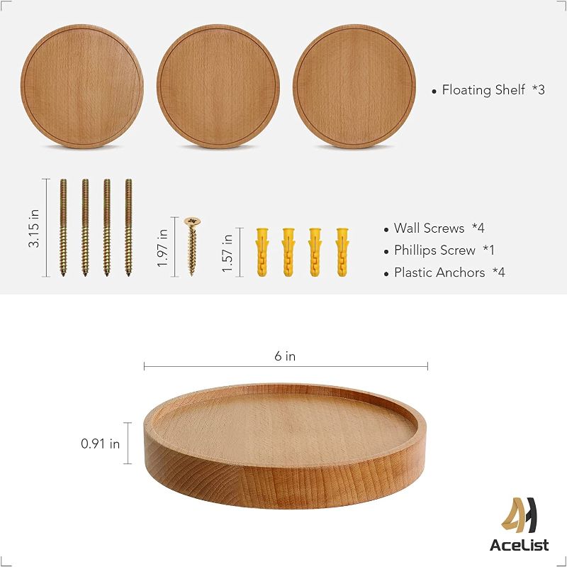 Photo 1 of AceList 3-Pack Round Floating Shelves for Wall Decor, 6'' Diameter Beech Wood Floating Shelf, Cup Plant Wall Shelves for Bedroom, Bedroom, Living Room, Bathroom, Kitchen
