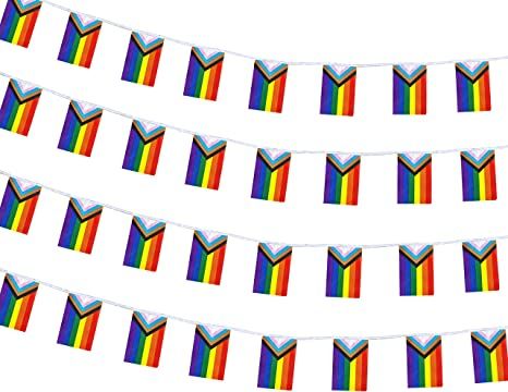 Photo 1 of 100 Feet Progress Pride Rainbow Banners Flags String, Small Mini Rainbow Gay LGBTQ String Flags for Rainbow Party Decorations, Banner Decorations,152 PCS
