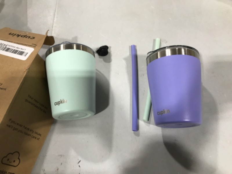 Photo 2 of CUPKIN Baby Sippy Cups for Toddlers - The Original 8 oz Stackable Stainless Steel Baby Cup - Set of 2 Powder Coated Insulated Sippy Cup + BPA Free Lids + Reusable Silicone Straws (Aqua + Periwinkle)
