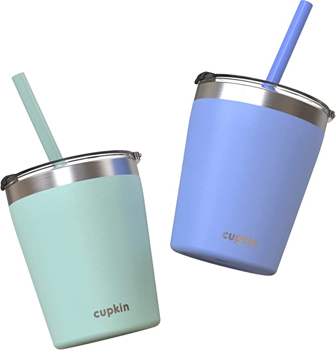 Photo 1 of CUPKIN Baby Sippy Cups for Toddlers - The Original 8 oz Stackable Stainless Steel Baby Cup - Set of 2 Powder Coated Insulated Sippy Cup + BPA Free Lids + Reusable Silicone Straws (Aqua + Periwinkle)
