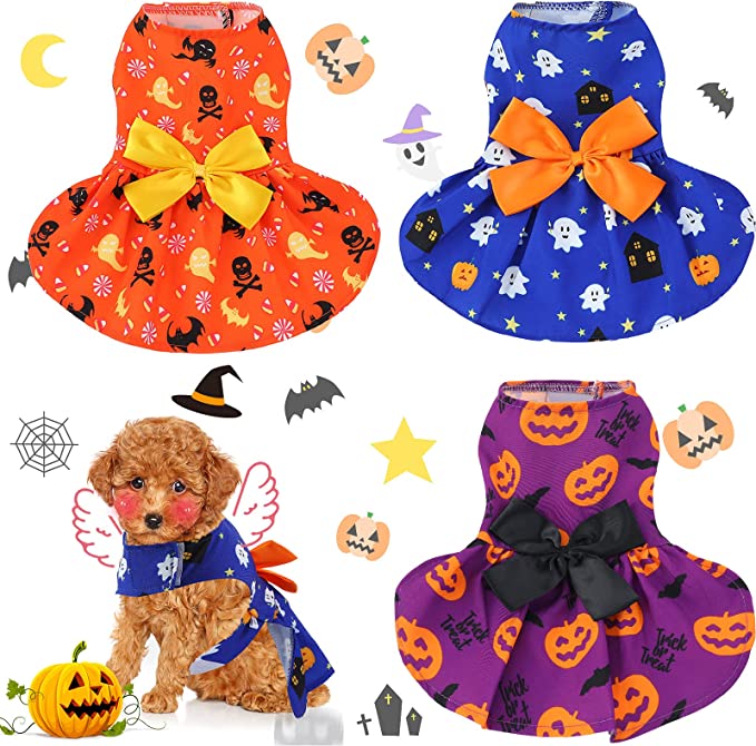 Photo 1 of 3 Pieces Halloween Dog Dress Puppy Dog Bowknot Princess Dress Pumpkin Bat Skull Pet Tutu Dress Dog Costume Apparel Clothes Costume for Small Dogs Cats Pet (,Medium)
