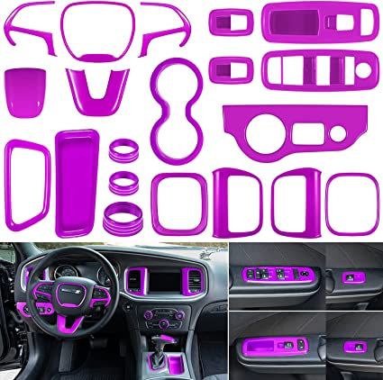 Photo 1 of 20PCS for Dodge Charger 2015-2021 Full Set Interior Accessories Trim Kit Steering Wheel Headlight Switches Button Gear Shift Cup Holder Air Vent AC Outlet Window Lift Control Switch Covers (Purple)
