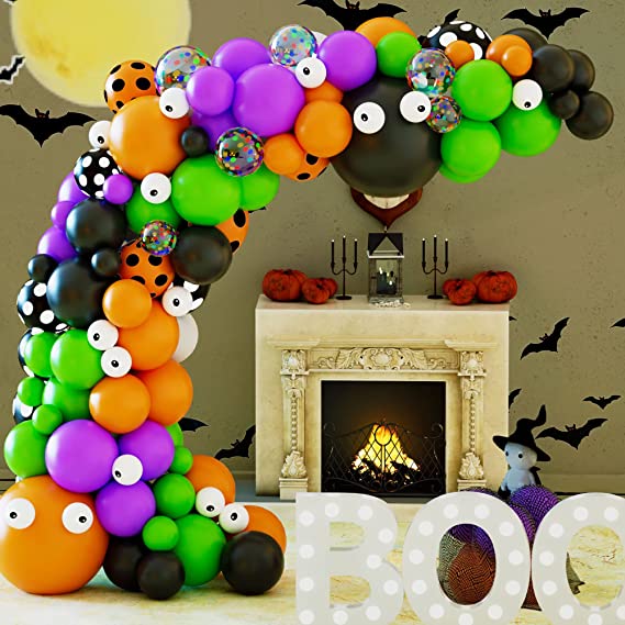 Photo 1 of 125PCS Halloween Balloons Arch Kit - Ghost&Pumpkin foil Balloon Black Orange Purple Green Confetti Balloons and Eyeball Balloons Garland for Halloween Day Party Decorations Supplies
