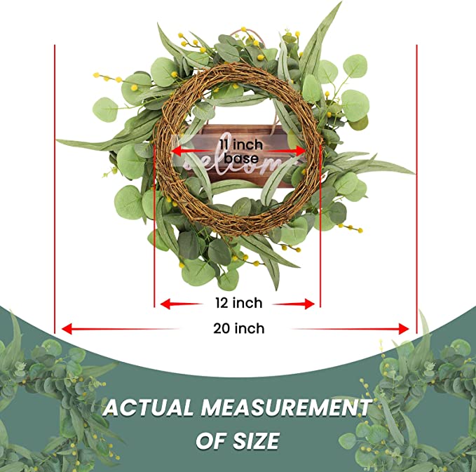 Photo 2 of 20 Inch Green Eucalyptus Wreath, Artificial Festive Wreath for Front Door, Ideal Spring & Summer Decorating for Indoor & Outdoor, All Year Round Using (Yellow) 