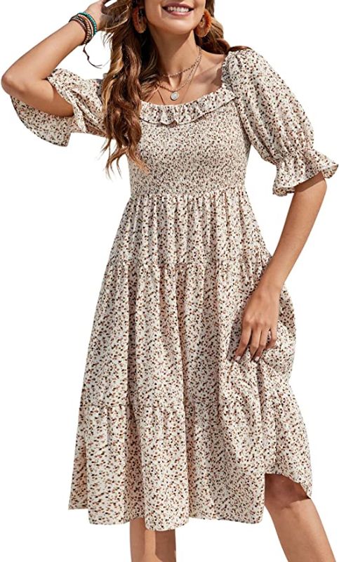 Photo 1 of Clearlove Women Square Neck Smocked Puff Short Sleeve Dress Flowy Cottagecore Floral Tiered Midi Beach Dresses