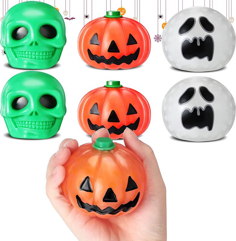 Photo 1 of 6 Pcs Halloween Spooky Stress Balls Halloween Squishy Gift Pumpkin Ghost Skull Squishies Balls Relieve Stress Sensory Fidget Toys for Halloween Party Favors Halloween Treat Goody Bag Filler Gifts 