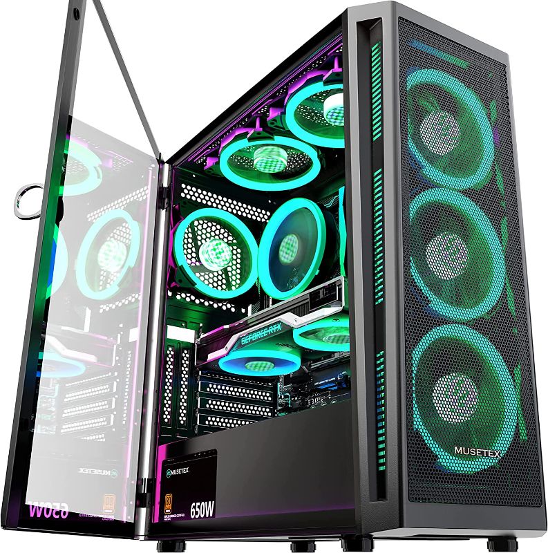 Photo 1 of MUSETEX Mid-Tower ATX PC Case Pre-Installed 6pcs 120mm ARGB Fans, Mesh Computer Gaming Case, Opening Tempered Glass Side Panels, USB 3.0 x 2, Black, TW8-S6-B
