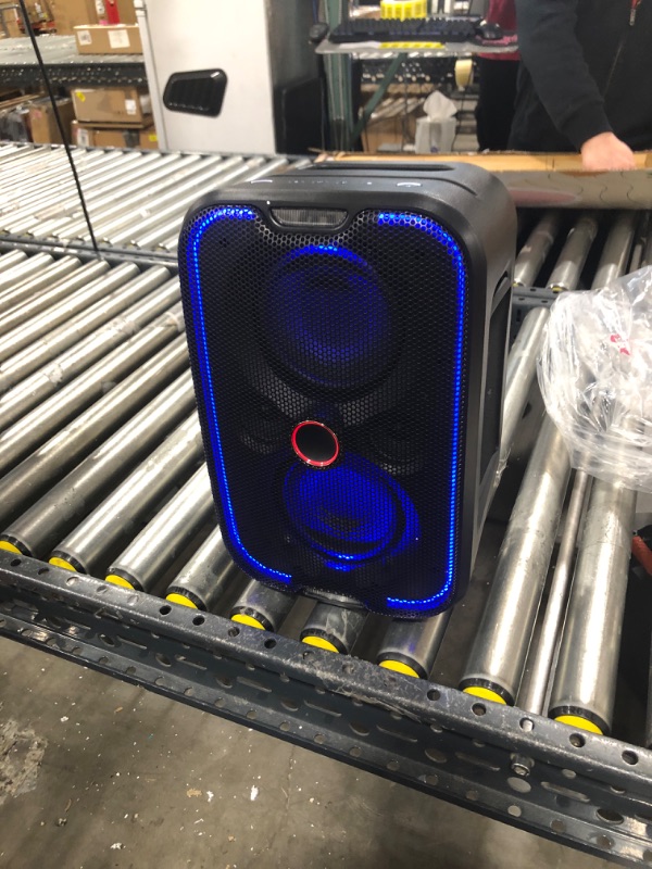 Photo 3 of Brookstone Big Blue Go 60 Watt Wireless Indoor Outdoor Portable Speaker, Built in Qi Charging Pad, LED Light Show, Bluetooth 5.0, IPX5 Water Resistant, Tap to Link Multiple Speakers, Karaoke Mic Input