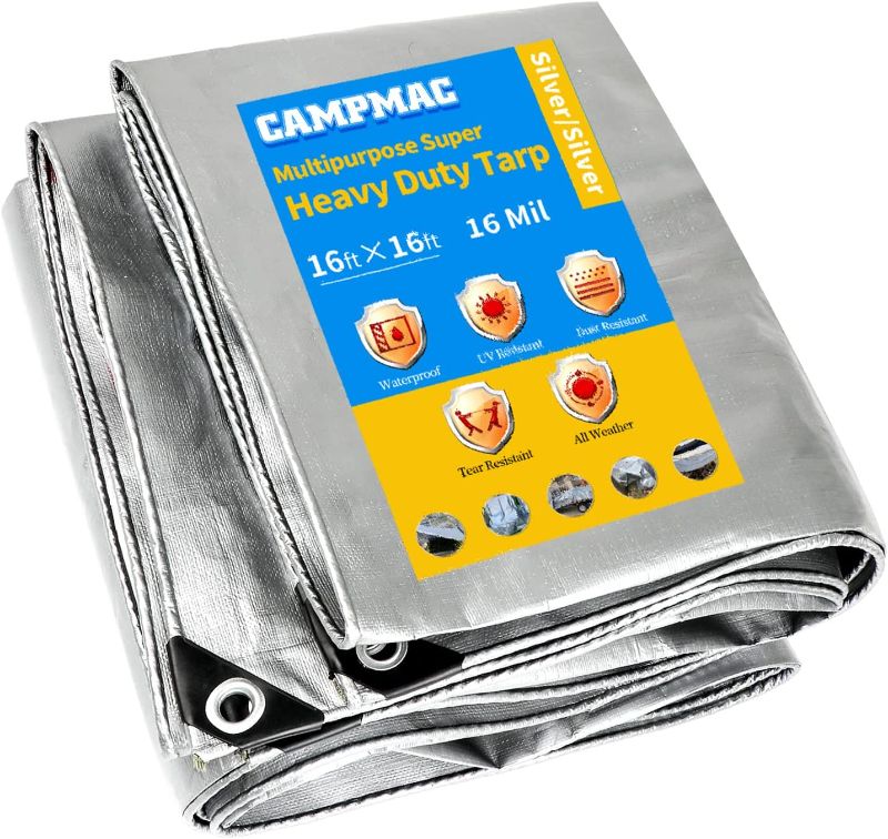 Photo 1 of 16x16 Ft Silver Heavy Duty Tarp, 16 Mil Thick Poly Tarps Cover, Waterproof, Tear & Fade Resistant, High Durability, UV Treated, Grommets Every 18 Inches, Tarp by CAMPMAC
