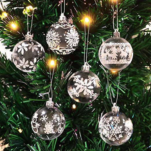 Photo 1 of 30Pcs Christmas Ball Ornaments, 6 Patterns White Clear Shatterproof 2.4in Christmas Ornaments with Snowflake, Snowman, Christmas Tree and Elk Design