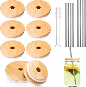 Photo 1 of 8 Pack Bamboo Mason Jar Lids with Straw Hole Compatible with 70 mm Regular Mouth and 86 mm Wide Mouth Mason Jars (Silicone O-Ring Gasket Included) with Straw and Straw Brushes 