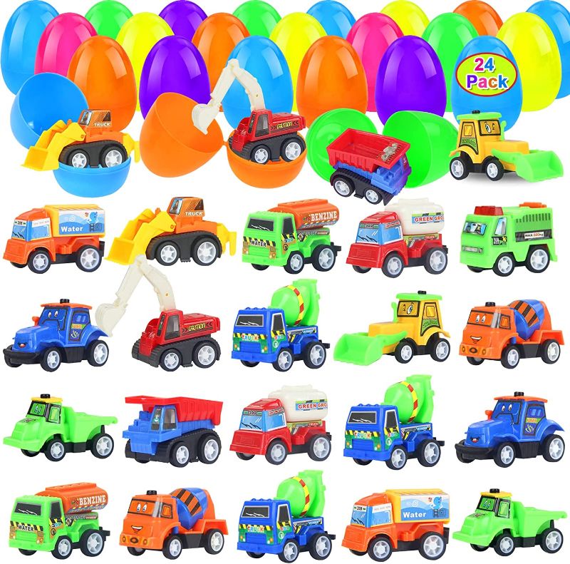 Photo 1 of 24 Pcs Filled Easter Eggs with Mini Pull Back Cars, 3.2" Colorful Easter Egg Refillable with Various Surprised Pull Back Vehicles for Kids Easter Eggs Hunt and Party Favors, Easter Basket Stuffers
