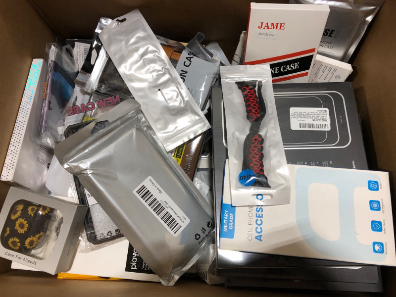 Photo 2 of LARGE box lot of phone cases, tablet cases, smart watch protectors, screen protectors, airpod cases, etc. Various styles for various different electronic devices. All new, sold as is. This lot is amazing!