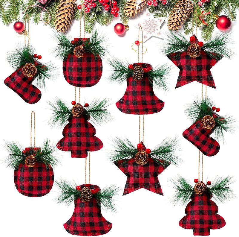 Photo 1 of 10 Pieces Christmas Burlap Tree Ornaments Christmas Onaments for Tree Rustic Star Tree Ornaments Bell Decorations for Christmas (Black-red,Classic Style)
