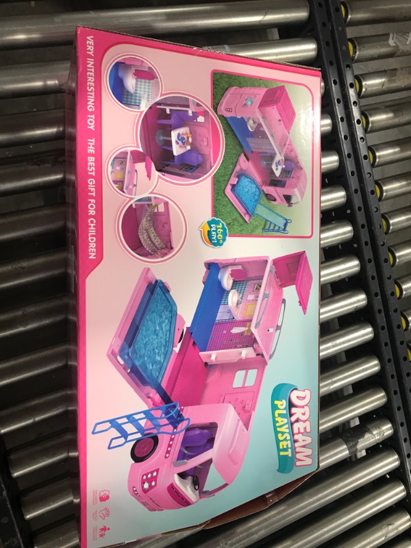 Photo 2 of Barbie Camper, DreamCamper Toy Playset with 60+ Barbie Accessories and Furniture Pieces, 7 Play Areas Including Pool and Slide
