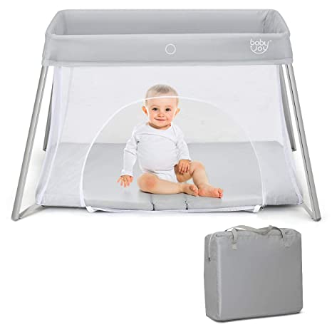 Photo 1 of BABY JOY 2 in 1 Travel Crib with Side Zipper, Portable Pack and Play with Soft Washable Mattress, Lightweight Installation-Free Home Playard with Carry Bag, for Infants & Toddlers (Silver)
