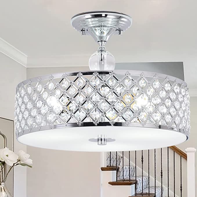 Photo 1 of Modern Ceiling Light Fixture Crystal Chandeliers, 3 Lights Flush Mount Ceiling Light 15inch Round Lighting Fixtures Ceiling, Chandeliers for Dining Room Bedrooms Living Room Bathroom Kitchen, Hallway