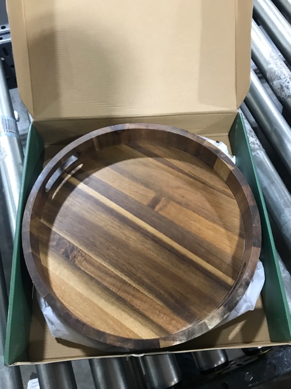 Photo 2 of 14" Wooden Tray, Natural Acacia Wood, Lazy Susan Rotating Mechanism Base Serving Tray Round, Carved Handles & Rimmed Edge Rustic Centerpiece Display