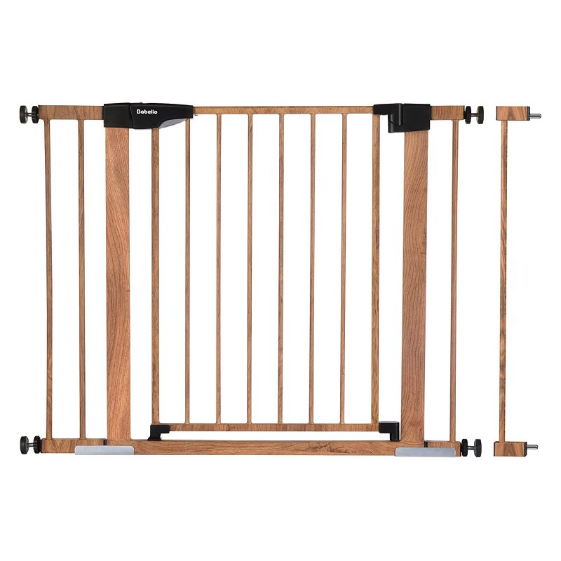 Photo 1 of Babelio Metal Baby Gate with Wood Pattern, 29-43" Easy Install Pressure Mounted Dog Gate, No Drilling, No Tools Required, Ideal for Stairs and Doorways, with Wall Protectors and Extenders
