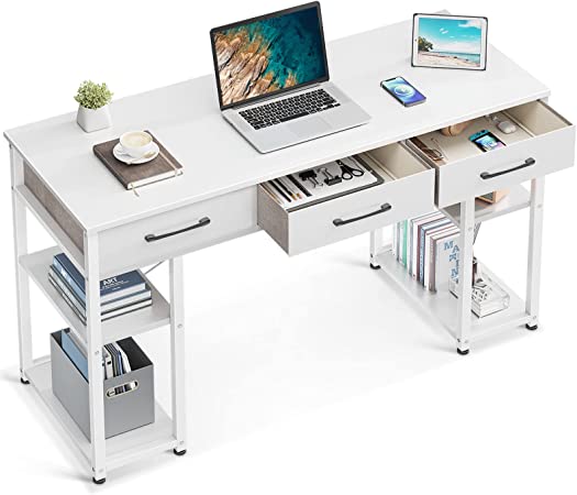 Photo 1 of ODK 47" Office Computer Desk: Home Table with Drawers Wood Storage Shelves, Modern Work Writing Desk, White + White Leg

