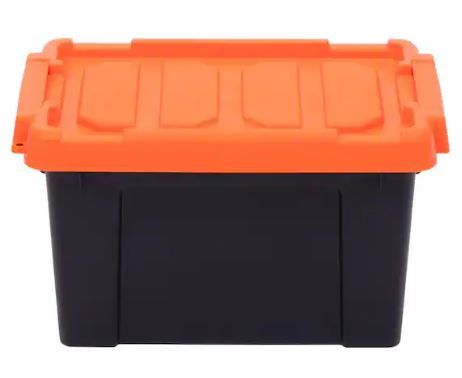 Photo 1 of 2 pack 21 Qt. Stackable Storage Tote with Heavy-duty Orange Buckles/Lid in Black
