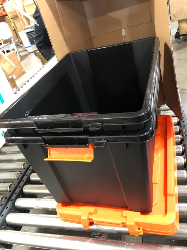 Photo 2 of 2 pack 21 Qt. Stackable Storage Tote with Heavy-duty Orange Buckles/Lid in Black
