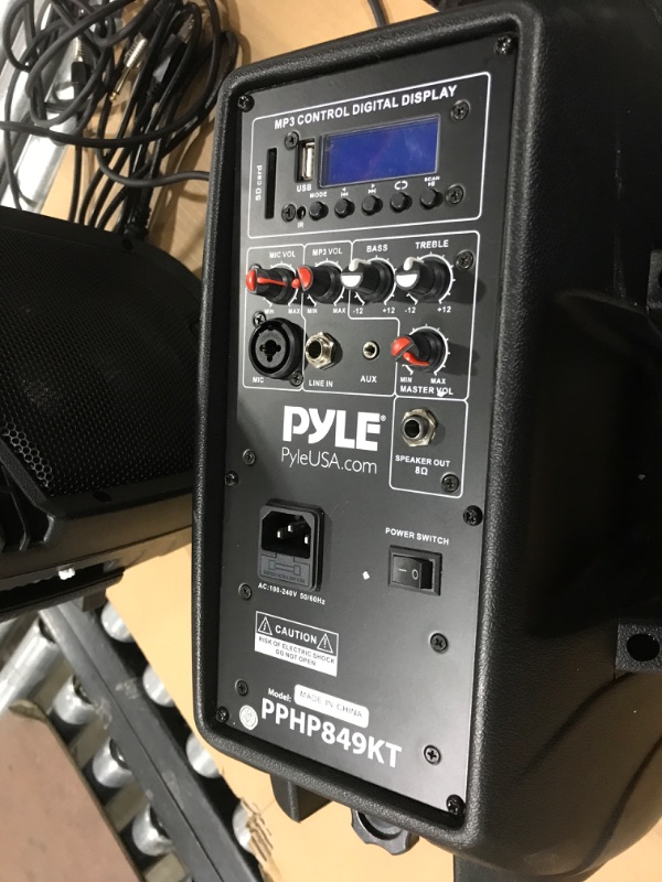 Photo 4 of Powered PA Speaker System Active & Passive Bluetooth Loudspeakers Kit with 8 Inch Speakers, Wired Microphone, MP3/USB/SD/AUX Readers, Speaker Stands,Remote Control - Pyle PPHP849KT Black 8 in 2 Speaker Loudspeakers Kit **UNABLE TO TEST**