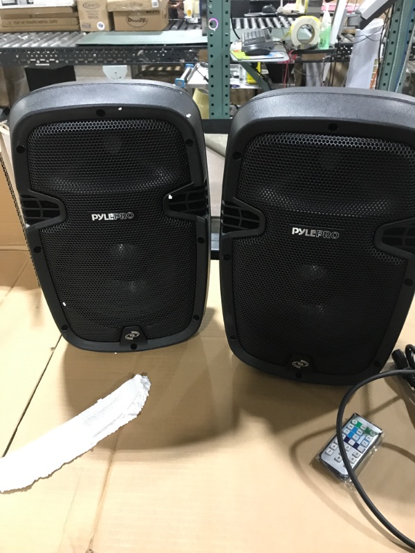 Photo 2 of Powered PA Speaker System Active & Passive Bluetooth Loudspeakers Kit with 8 Inch Speakers, Wired Microphone, MP3/USB/SD/AUX Readers, Speaker Stands,Remote Control - Pyle PPHP849KT Black 8 in 2 Speaker Loudspeakers Kit **UNABLE TO TEST**