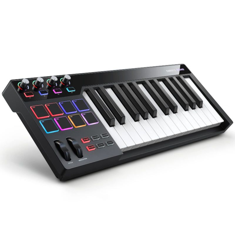 Photo 1 of Donner STARRYKEY MIDI Keyboard MIDI Controller, Full Size 25 keys, 7 Colors Lighting Effect, 8 Velocity-sensitive Backlit Pads with 24 Selectable Custom Tones, with MIDI out and Pedal interface
