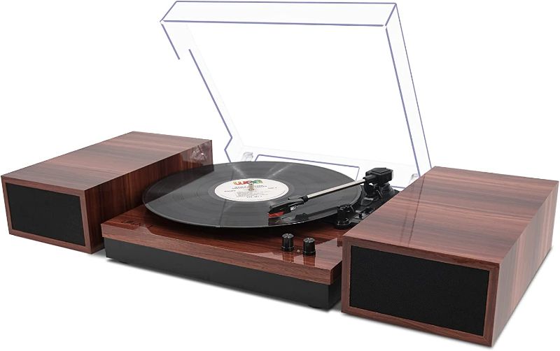 Photo 1 of LP&No.1 Bluetooth Vinyl Record Player with External Speakers, 3-Speed Belt-Drive Turntable for Vinyl Albums with Auto Off and Bluetooth Input, Yellow Wood
