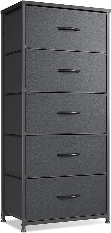 Photo 1 of CubiCubi Dresser for Bedroom, Tall Kids Bedroom Fabric Dresser 5 Drawer Vertical Dresser Storage Tower Organizer Unit for Hallway Entryway Closets, Steel Frame Wood Top, Black Grey
