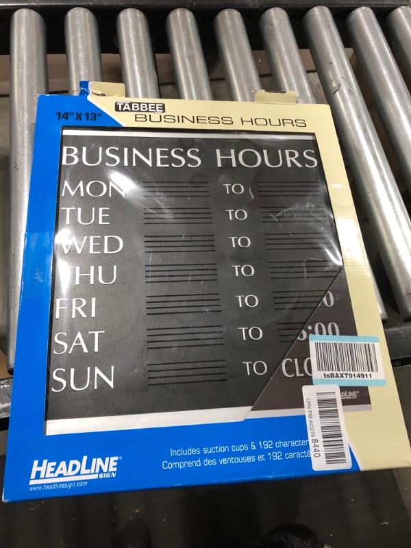 Photo 2 of Headline Sign - Century Series, Business Hours Sign with 176 1/4"-Characters, Suction Cups for Hanging, 14x13 Inch, Black and Silver (4247)