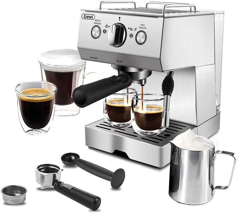 Photo 1 of GEVI Silver Stainless Steel 15 Bar Espresso Machine 2 Shot Pump Cappuccino Maker New Condition
