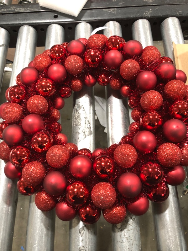 Photo 2 of 16 Inch Christmas Ball Wreath Home Party Decors Xmas Front Door Decorative Hanging Christmaswreaths Ball Ornaments Red