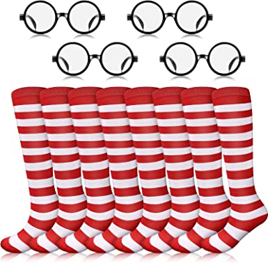 Photo 1 of 8 Pcs Halloween Women Cosplay Set Includes 4 Red and White 22 Inch Long Stripe Thigh High Stockings 4 Retro Round Frame Glasses Women Girls Semi Opaque Over Knee Stockings for Halloween Cosplay Party 